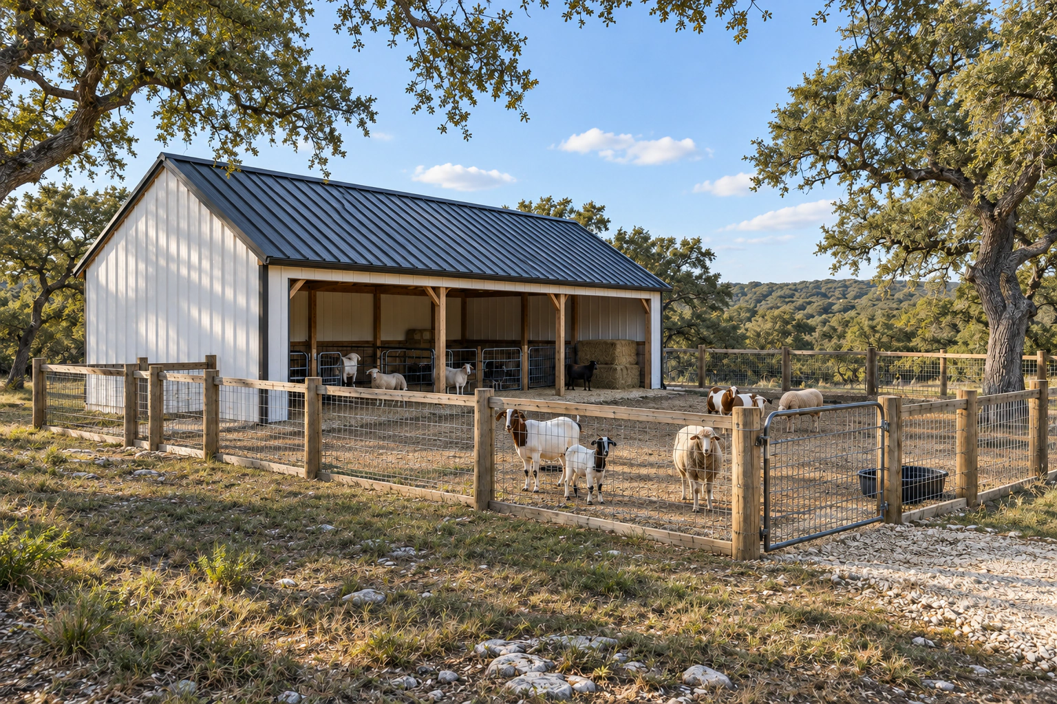 Custom livestock barn with sheltered animal areas and an adjoining fenced outdoor area in the Texas Hill Country