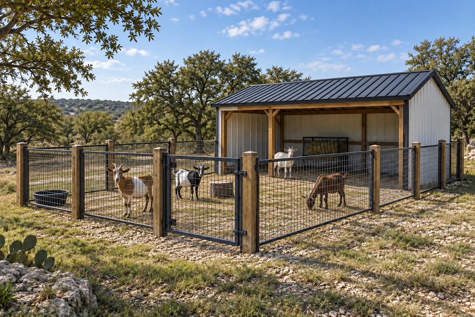 Framed animal enclosure with mesh panels, an access gate, and a shaded shelter on Texas acreage