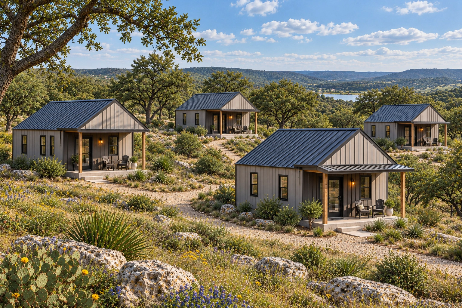 Four separate tiny barndominium guest cabins among live oaks in a Texas Hill Country ranch setting
