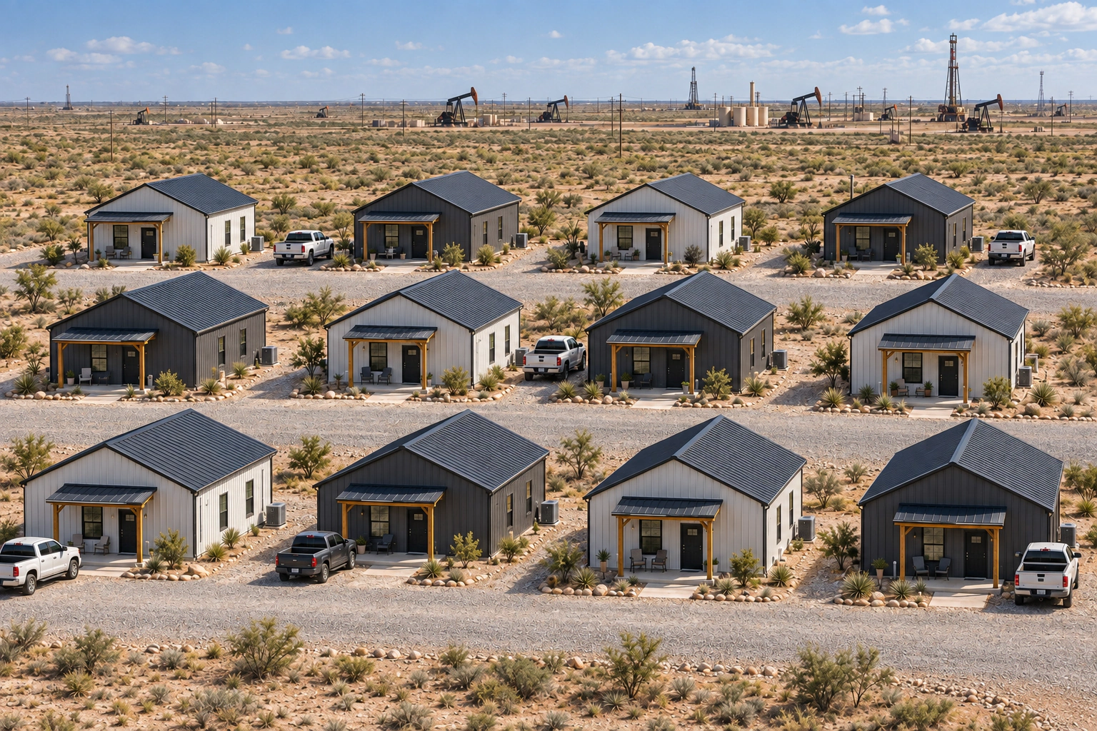 Twelve small barndominium workforce homes arranged along gravel lanes with an Odessa-style Permian Basin oilfield in the background