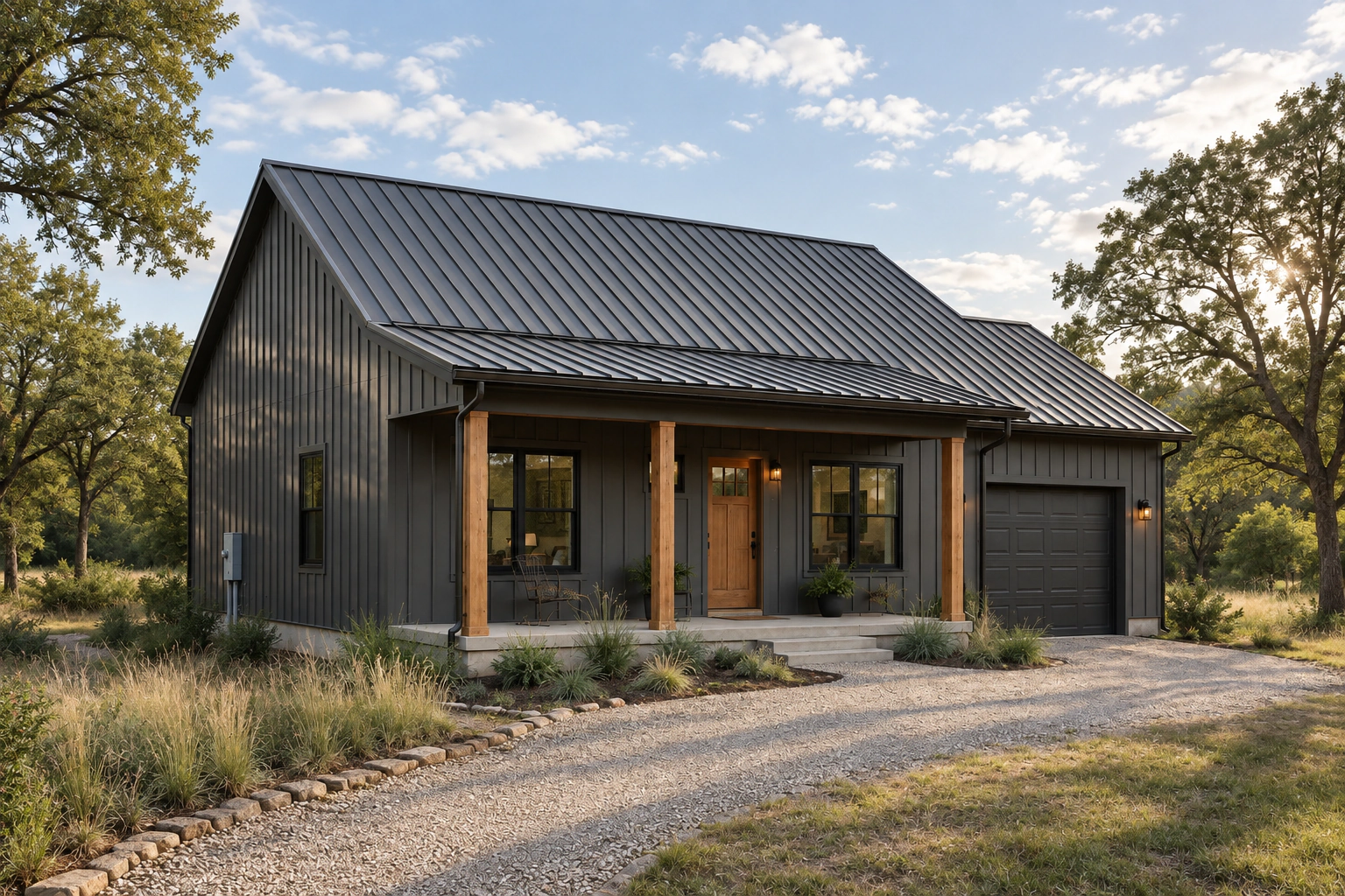 Compact barndominium concept with a covered porch and attached garage
