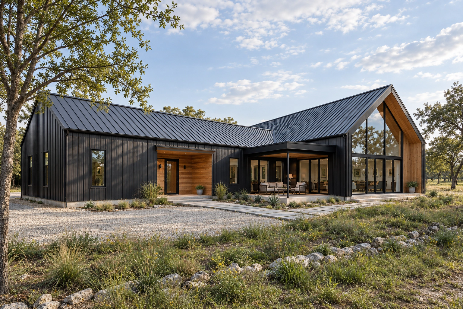 Modern black metal barndominium with a warm wood entry and glass-front gable room