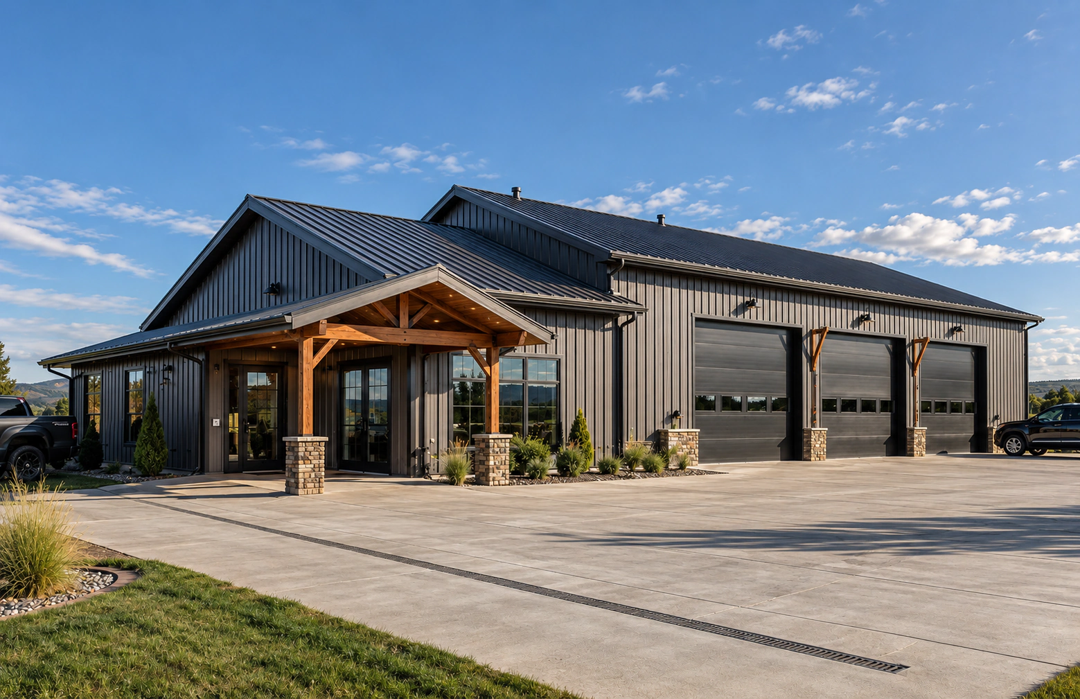 Modern commercial metal shop with a clearly defined office entrance