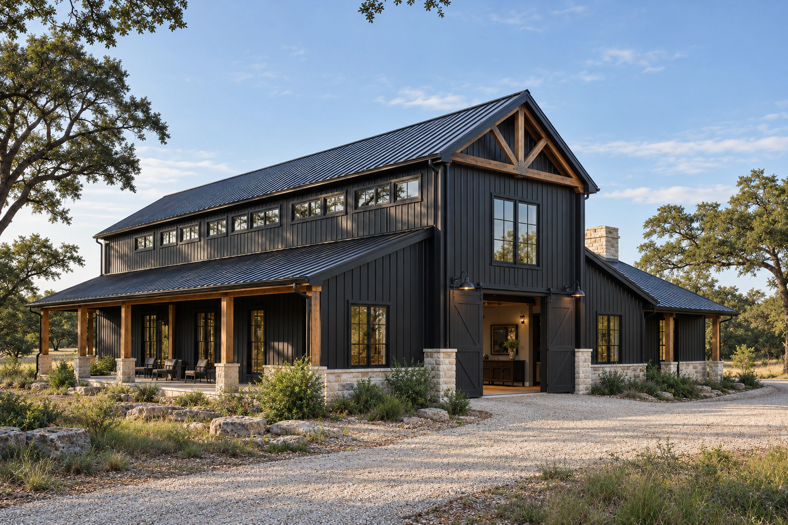 Charcoal monitor-style barndominium with a raised center, high windows, stone, and timber details