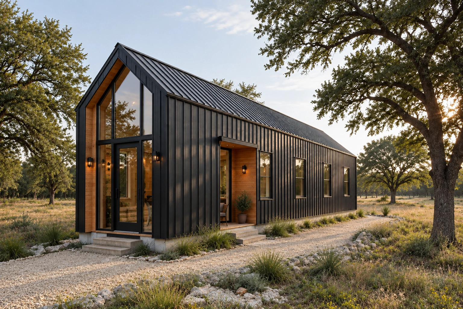 Existing Tiny Barnhouse design with a dark metal exterior and glass-front gable among Hill Country oaks