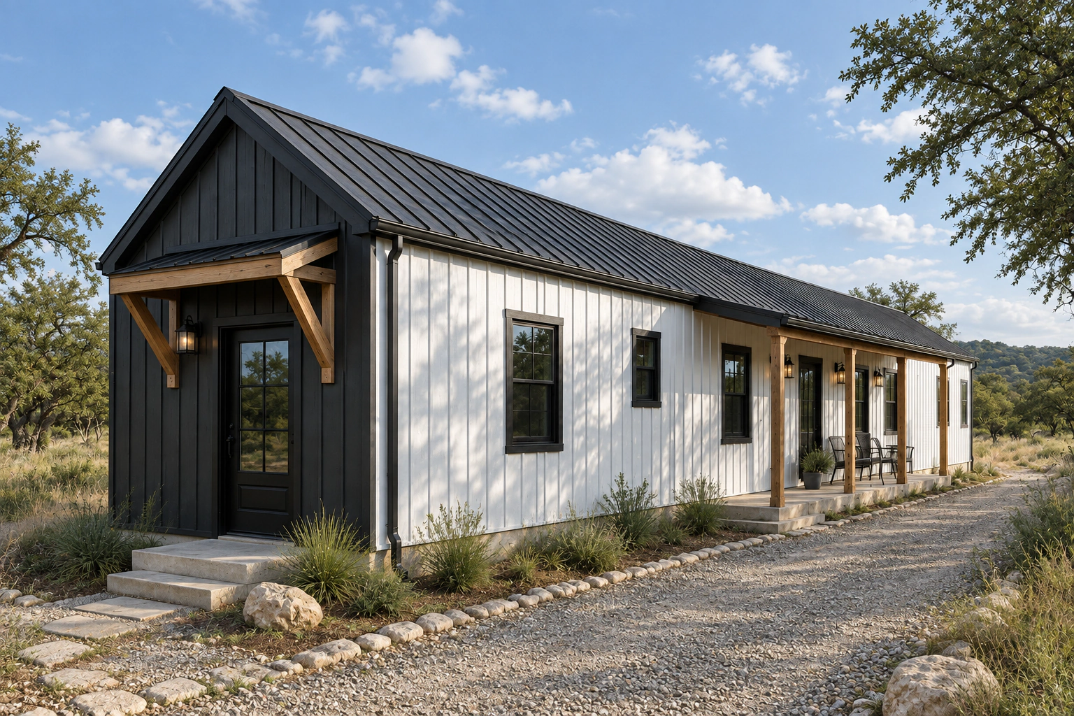 Existing Tiny Modern Farmhouse design with light metal siding and a covered porch in the Texas Hill Country