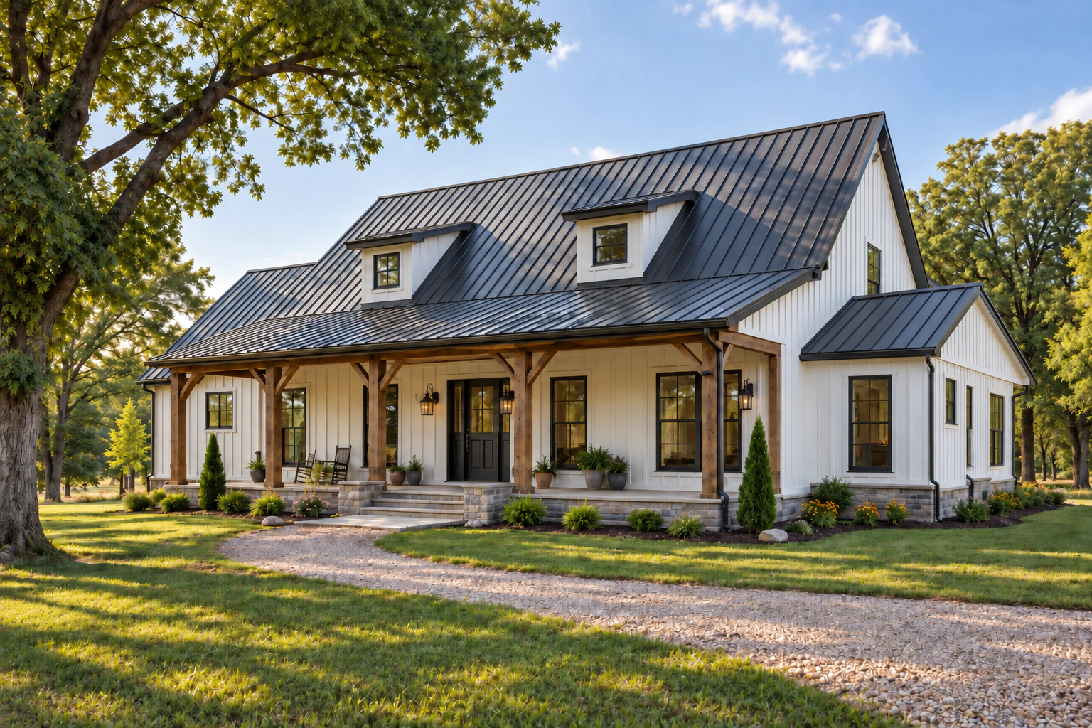 Traditional white metal-clad barndominium with a timber front porch