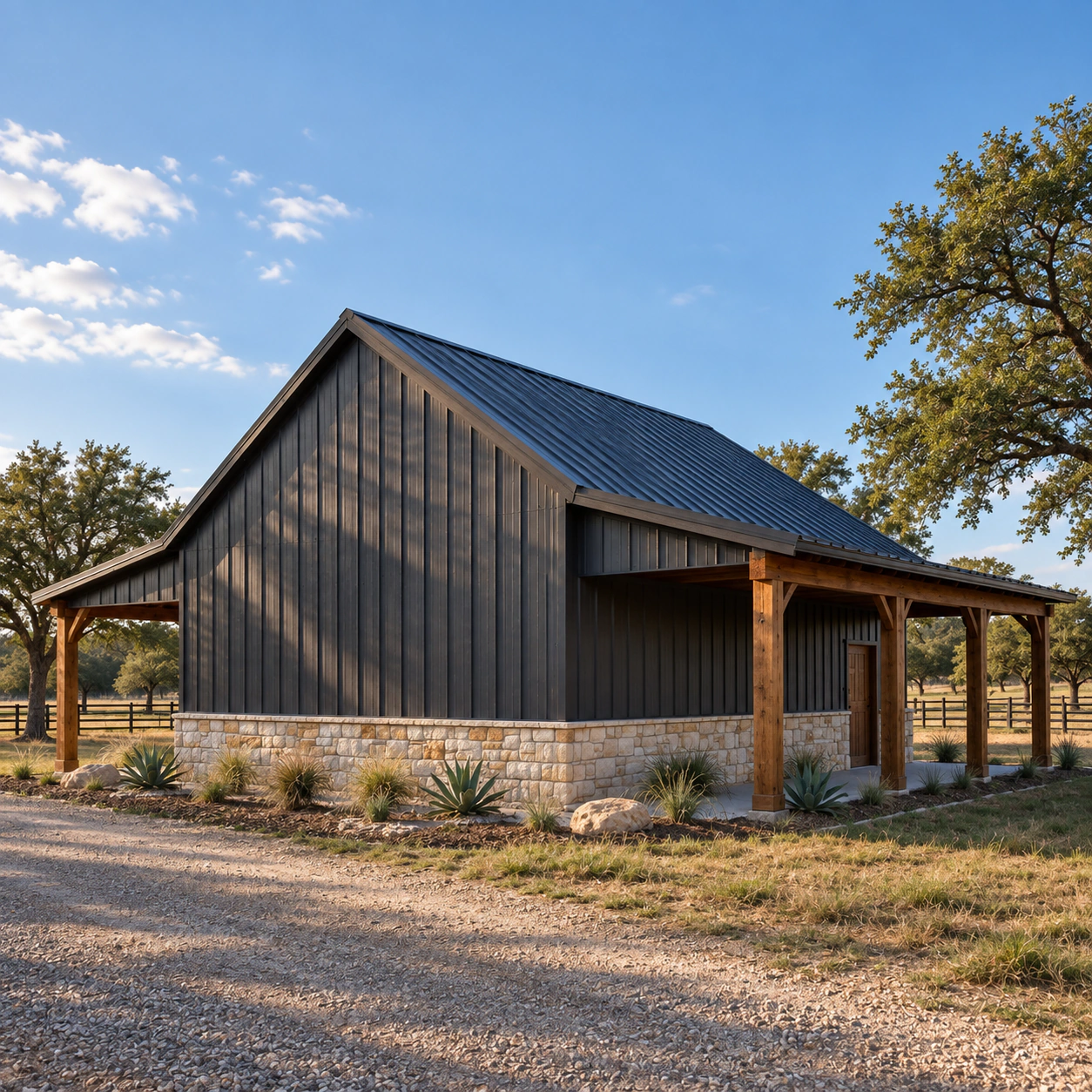 Opposite-side view of the same custom barn and covered side bays