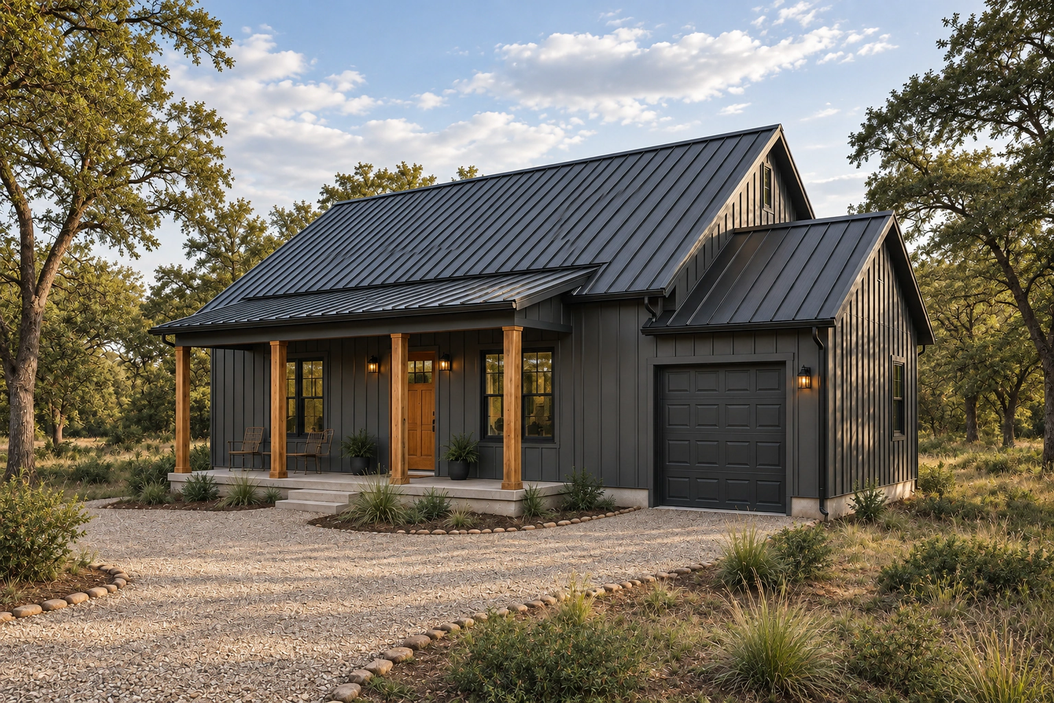 Side view of The Grove compact barndominium model