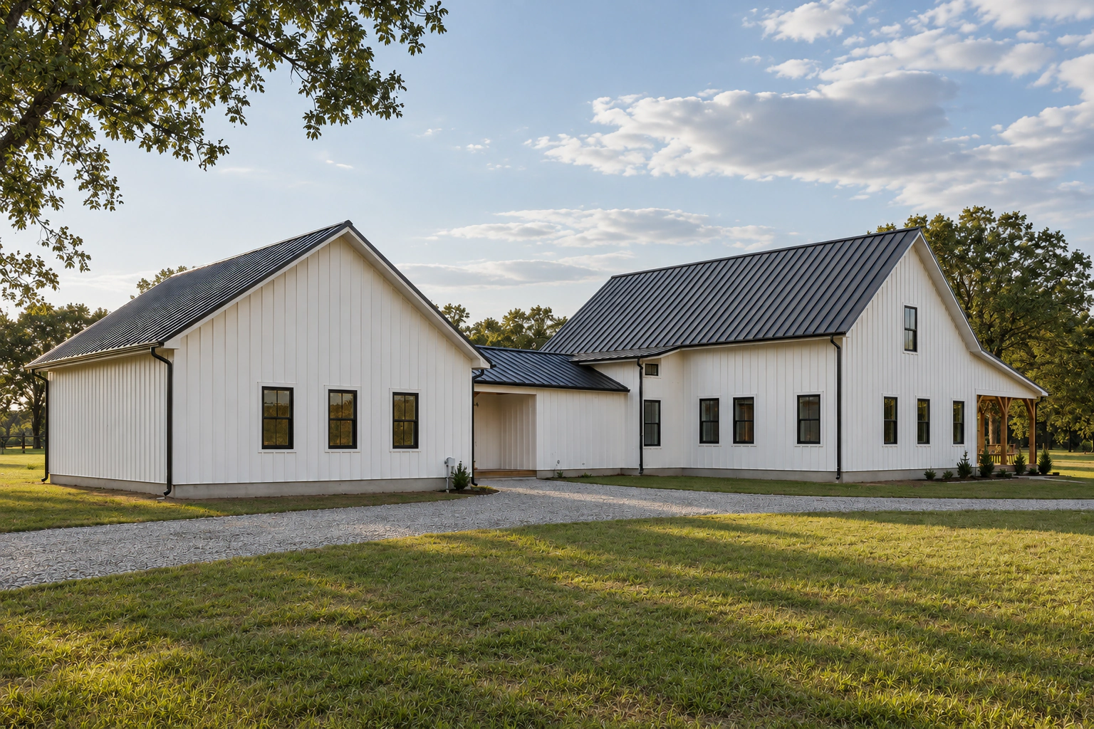 Side view of The Heritage barndominium with connected shop bays