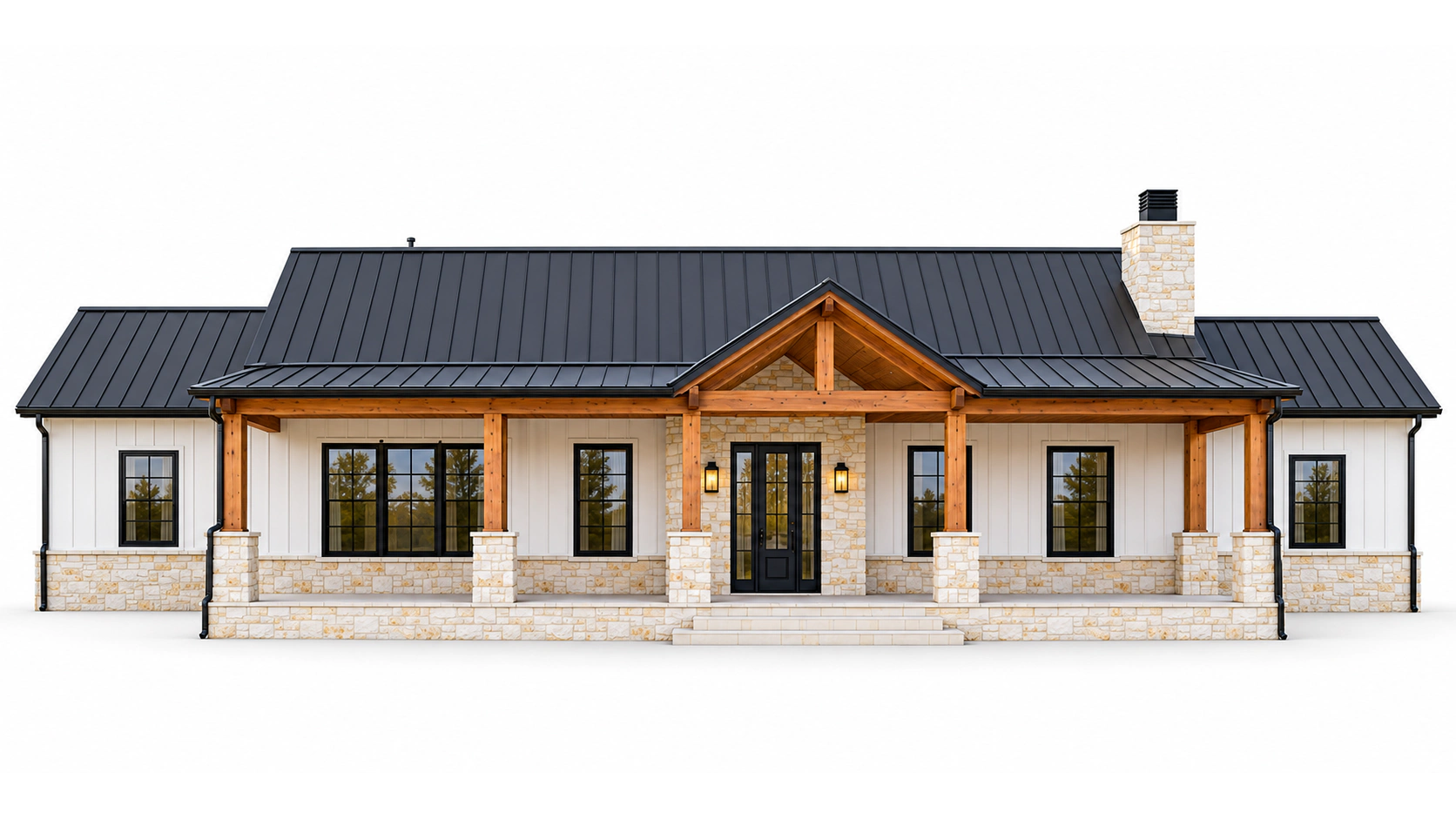 Front exterior concept of The Modern Farmhouse with a timber porch and stone chimney