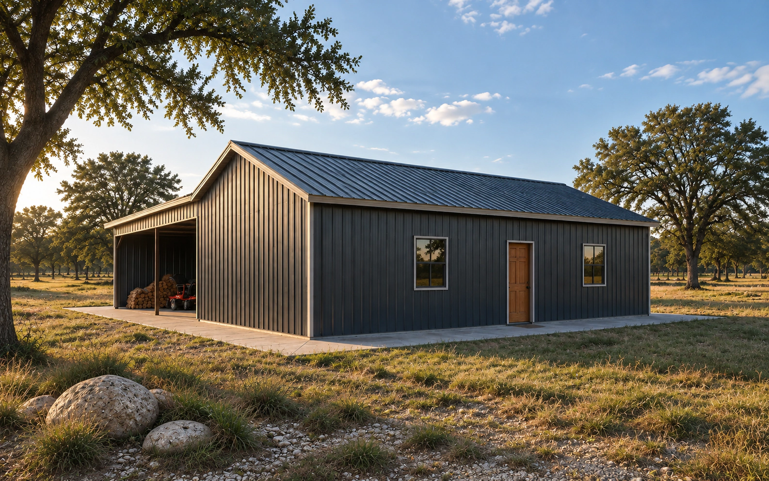 Existing storage building design with enclosed space and a covered side bay among Hill Country oaks