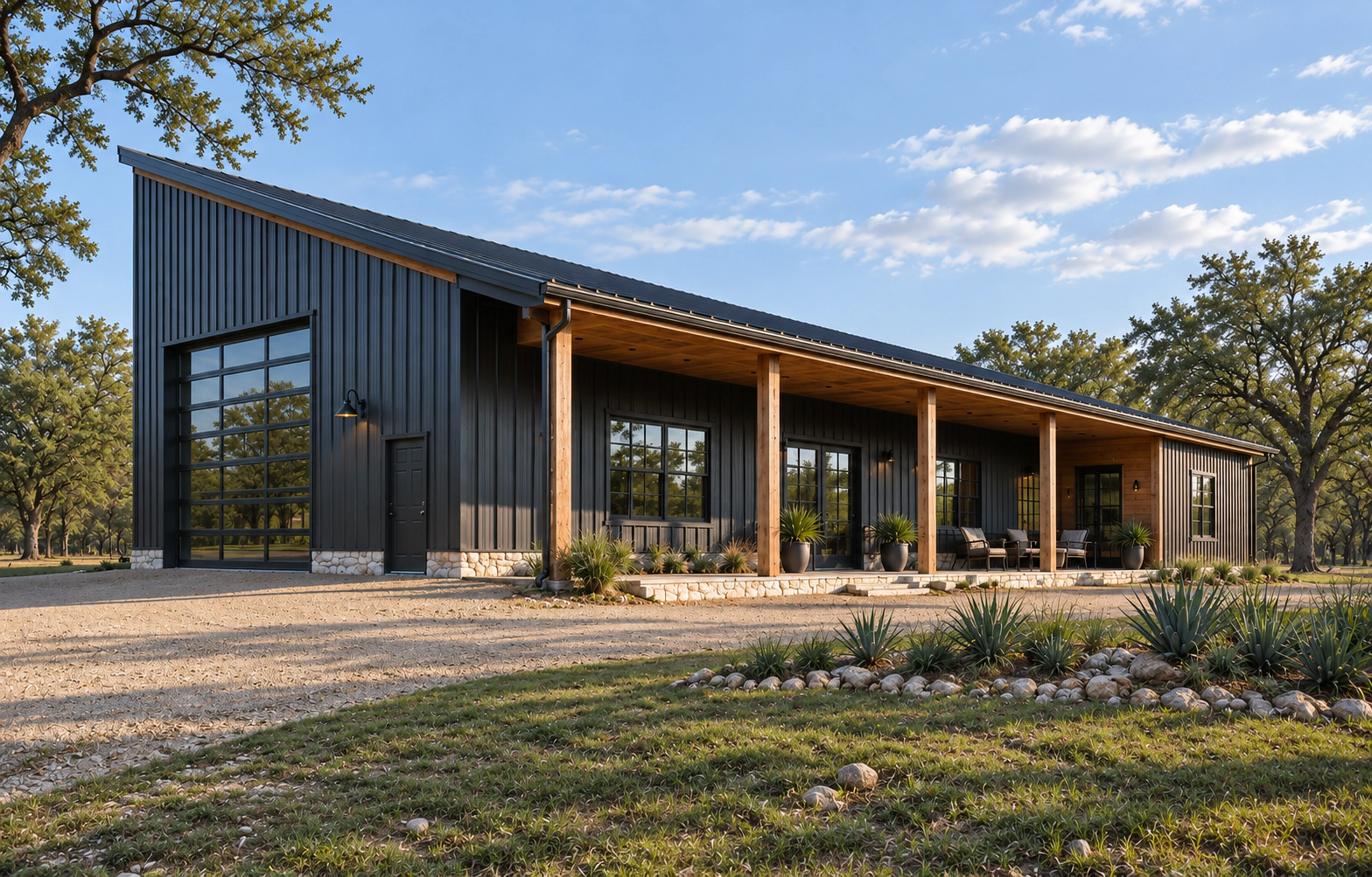 Side view of The Timberline barndominium model