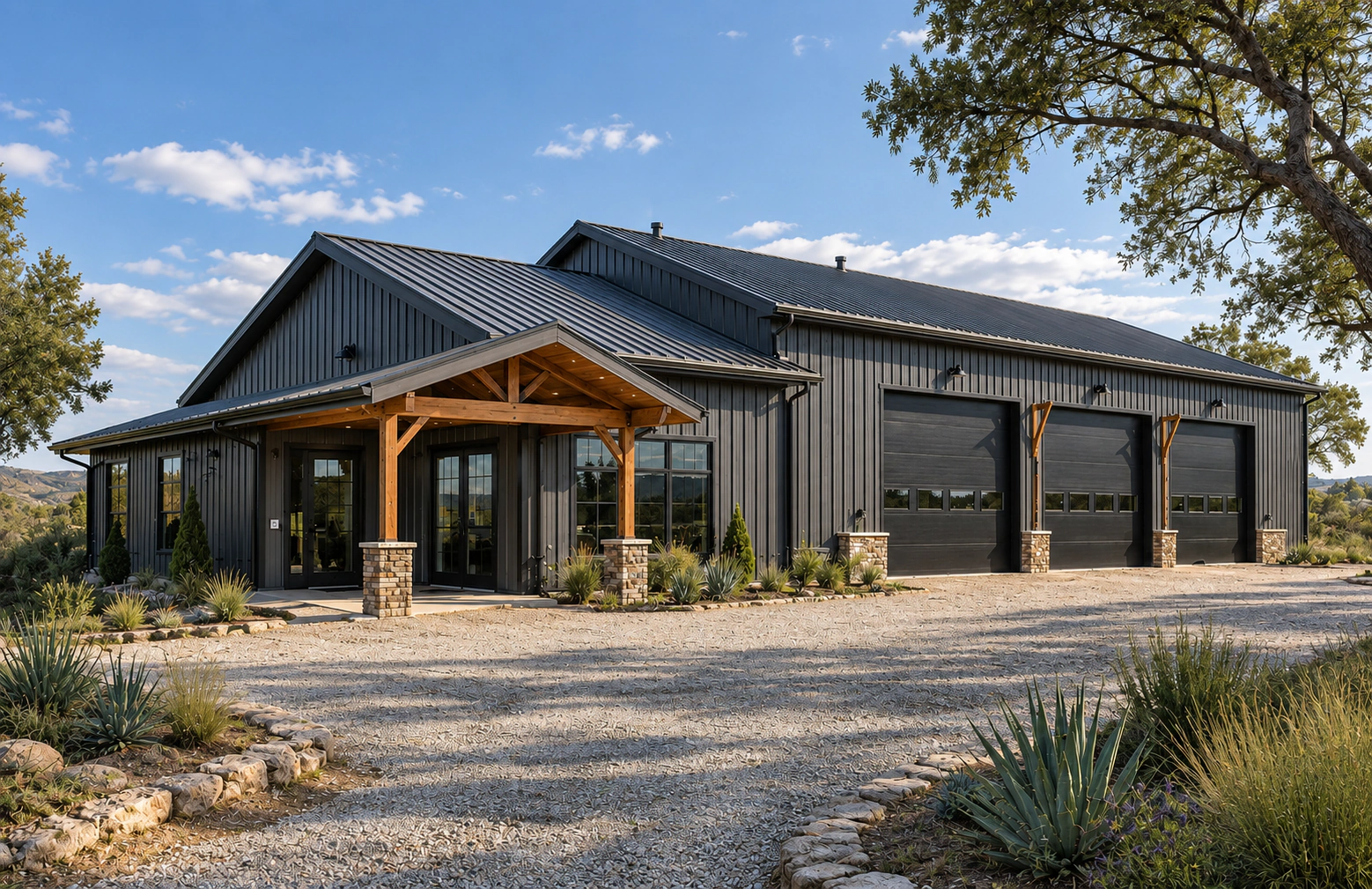 The Workhouse residential barndominium with three connected shop and garage bays on a Texas Hill Country homesite