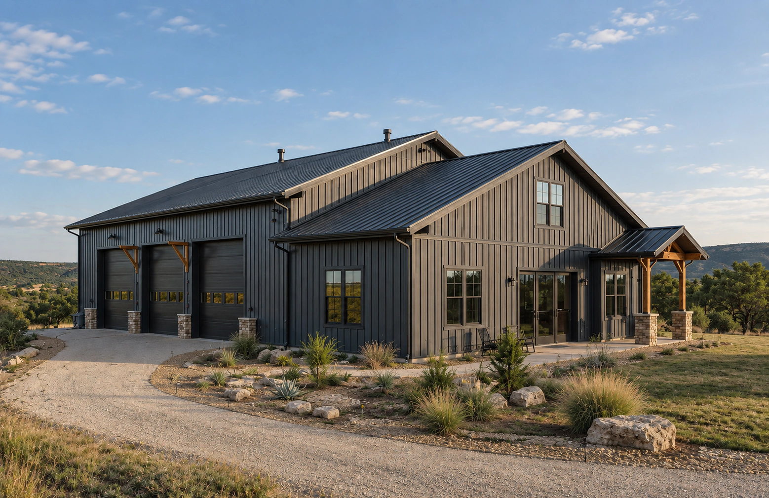 Barndominium concept with a living wing, three tall shop bays, and gravel access