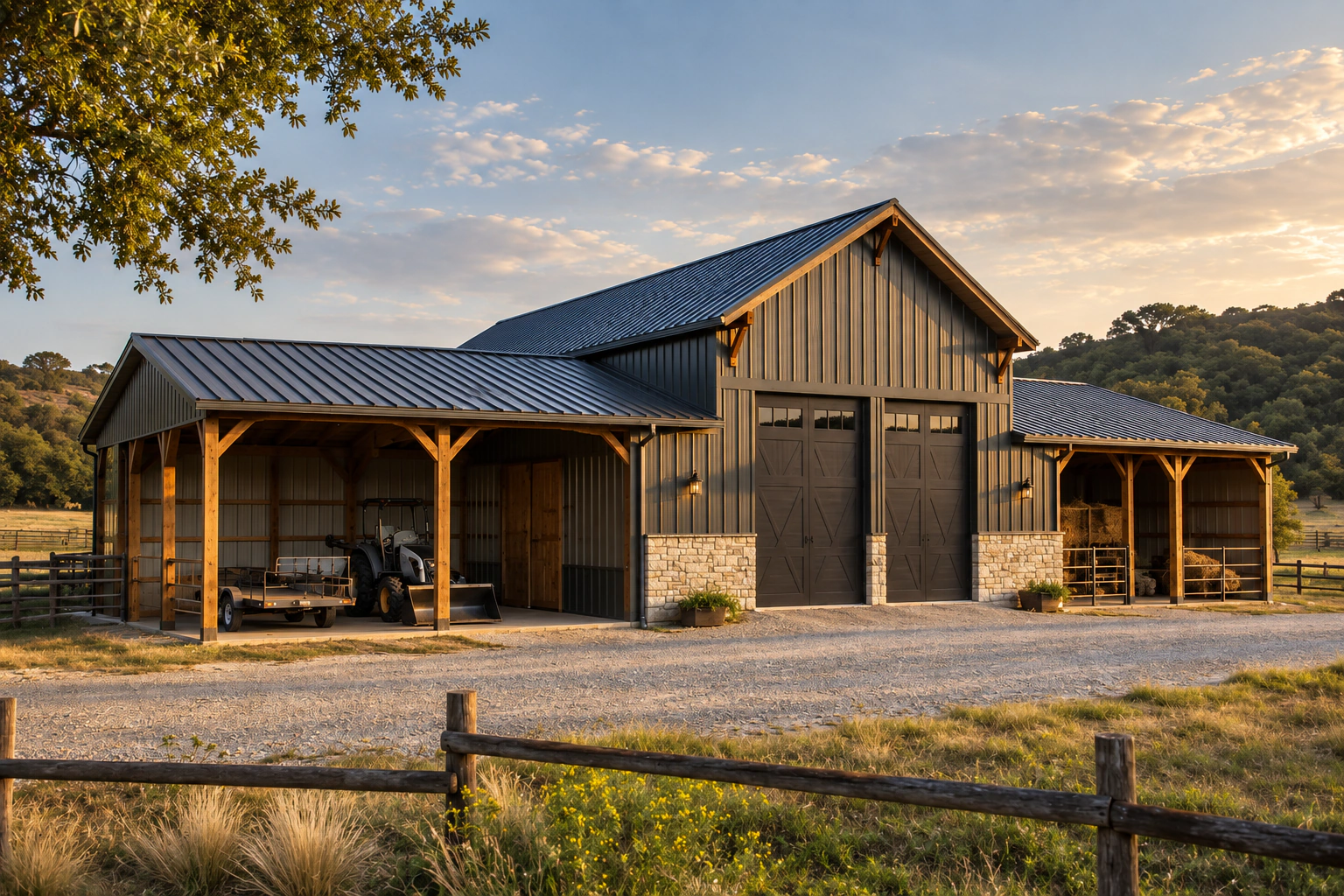 Existing barn design with a raised center roof, covered equipment bays, and limestone accents in the Texas Hill Country