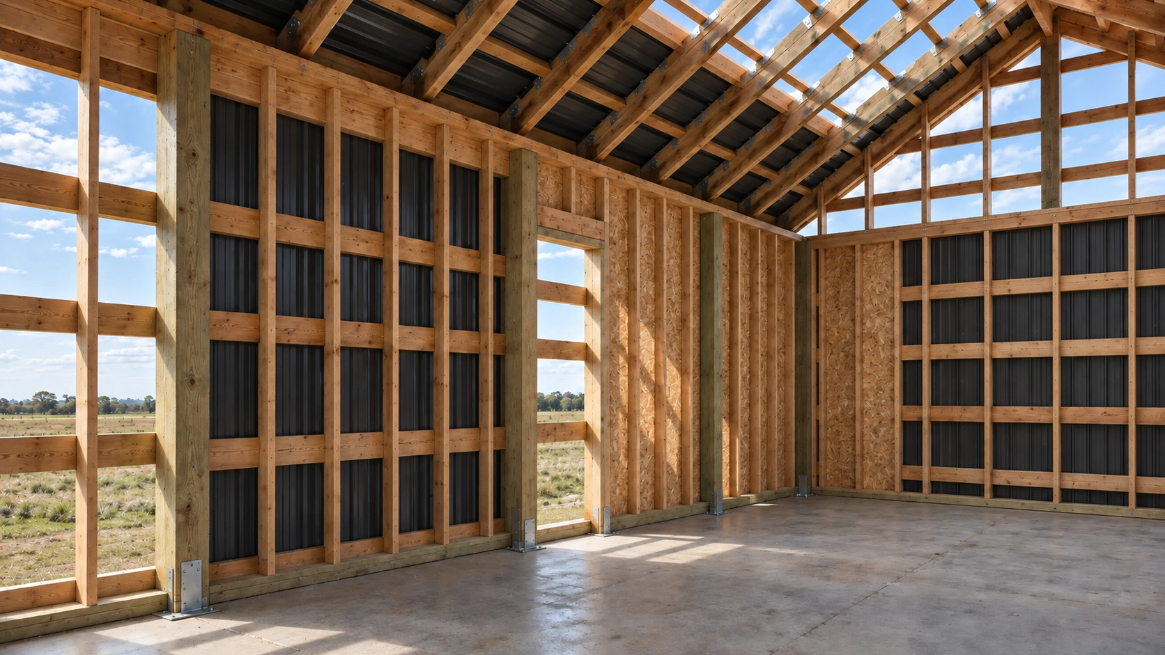 Barndominium framing concept showing timber posts, wall studs, metal cladding, and a concrete slab