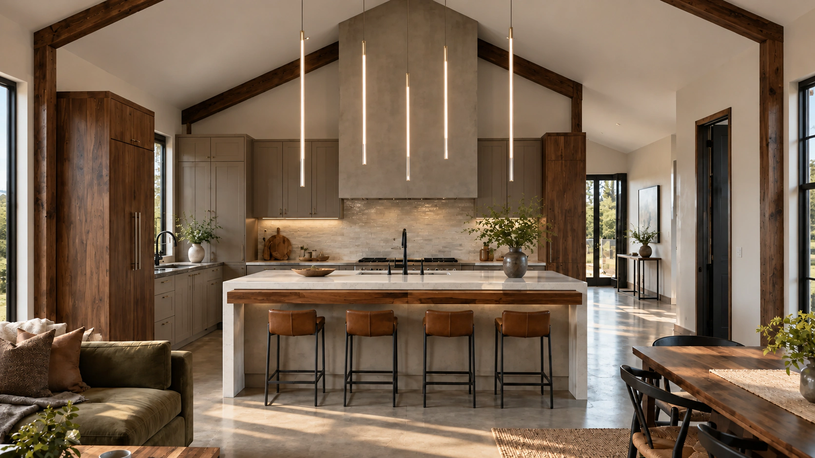 Modern kitchen concept with warm wood finishes and an open living area