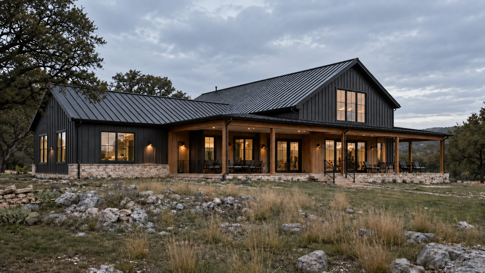 Dark barndominium concept with a timber porch amid rocky Texas Hill Country terrain